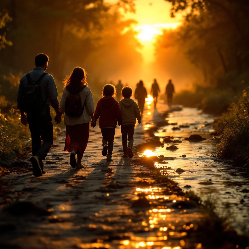 A family walks hand in hand beside a stream at sunset, with others on the path ahead